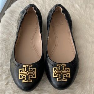 Tory Burch black flats with gold T emblem